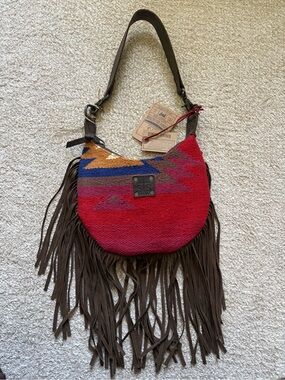 STS Crimson Sun Woven Fringe Shoulder Bag with Brown Leather Trim